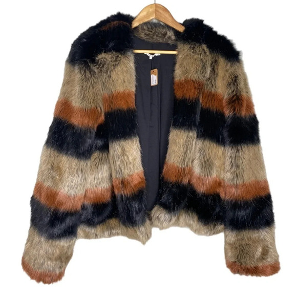 ✨NWT Revolve Tularosa Multi 70s Stripe Harkin Faux Fur Vegan Jacket Coat Large - Picture 2 of 12